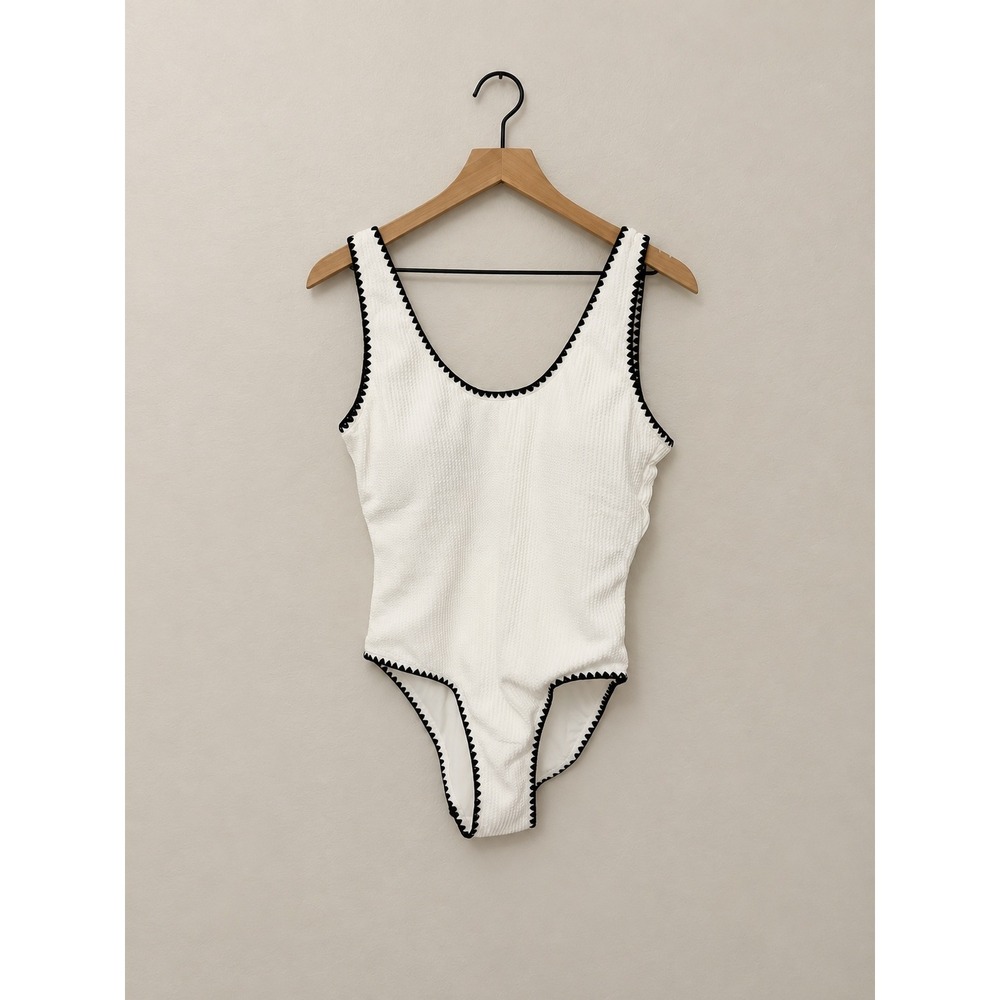 Betsey Johnson White Crochet Black Trim One-Piece Swimsuit Modern Large